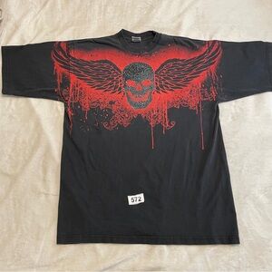 Men's Black Graphic Skull Winged T-Shirt - Red Design